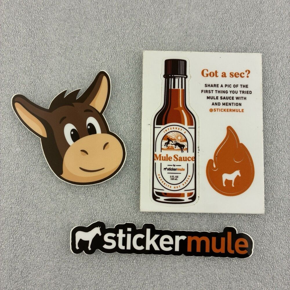 Lot Of 3 StickerMule Stickers Die-Cut Logo Decals Donkey Kick Ass Mule Sauce